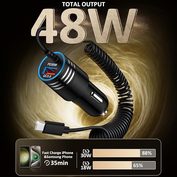 48W Super Fast Car Charger USB C for Samsung Galaxy S26 Ultra S25 S24 FE A16 5G A15 A14 A56 S23 S22 S21, iPhone 17 16 15 Pro Max Plus, Android Phone Type C Car Charger Adapter with USB C Coiled Cable