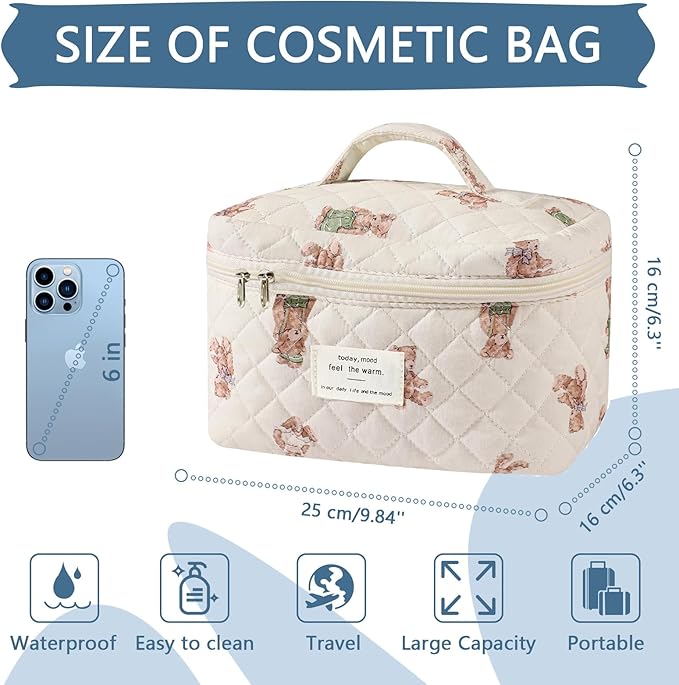 Gosect Large Makeup Bag, Cute Cosmetic Bag for Women Girls, Floral Coquette Aesthetic Toiletry Bag, Travel Make Up Organizer Bag (White-Bear)