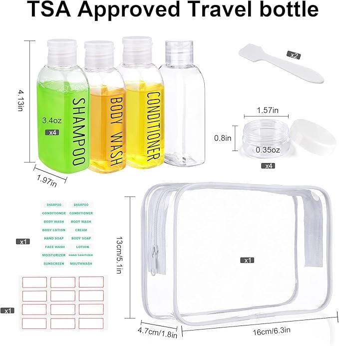 Travel Bottles for Toiletries 8 Pack 3.4oz TSA Approved Travel Size Containers Leak Proof Plastic 0.35oz Small Cream Jars Refillable Squeeze Bottles for Shampoo Conditioner Lotion(Clear)