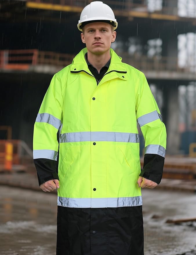 Ubon Men's Hi Vis Long Raincoat Waterproof Reflective Safety Rain Jacket High Visibility with Detachable Hood