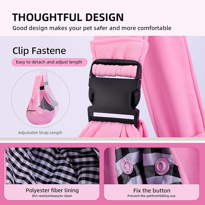 Adjustable Dog Carrier Sling - Hand-Free Dog Carriers for Small Dogs and Cats, Puppy Sling Carrier with Zipper Purse Pocket, Travel Safety Harness, Puppy Essentials (Pink)