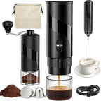 Portable Coffee Maker Set - Travel Coffee Maker, Electric Espresso Machine for Camping, Travel, Car, RV, Hiking, with Ground Coffee & Capsule Accessories, Milk Frother, Grinder, Gift for Coffee Lover