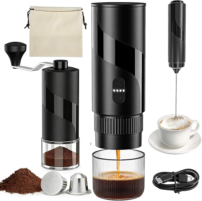 Portable Coffee Maker Set - Travel Coffee Maker, Electric Espresso Machine for Camping, Travel, Car, RV, Hiking, with Ground Coffee & Capsule Accessories, Milk Frother, Grinder, Gift for Coffee Lover