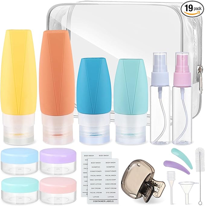 19 Pack Travel Bottles for Toiletries - TSA-Approved Leak-Proof Silicone Containers with Cream Jars Spray Bottles Funnel Brushes & Labels - Portable Refillable Kit for Shampoo Lotion & Conditioner