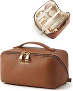 BAGSMART Makeup Bag Travel Cosmetic Bag, Large Make Up Bag Flat Open Toiletry Bag for Women, PU Leather Travel Essentials Organizer Case, Wide-open Pouch Purse for Skincare, Brushes, Coffee Brown