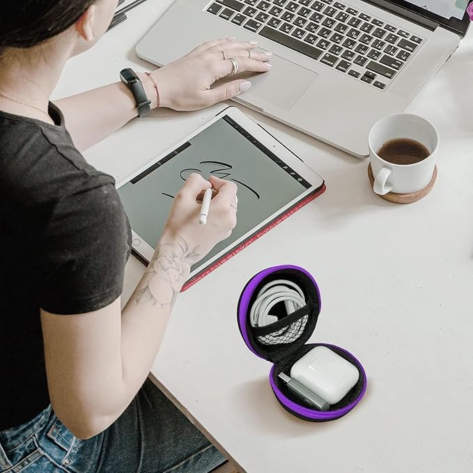 2Pack Round Earbud Case Portable EVA Carrying Case Storage Bag Cell Phone Accessories Organizer with Carabiner for Earphone, Earbud, Earpieces, SD Memory Card, Camera Chips, Black/Purple