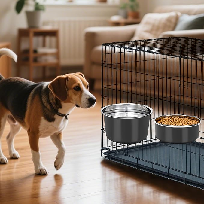Large Dog Crate Water Bowl No Spill 2 Pack, Stainless Steel Dog Bowls for Food and Water, Pet Kennel Hanging Dogs Food Bowls for Medium/Large Dogs and Cats (7.1"x3.7" & 7.1"*2.6", Black)