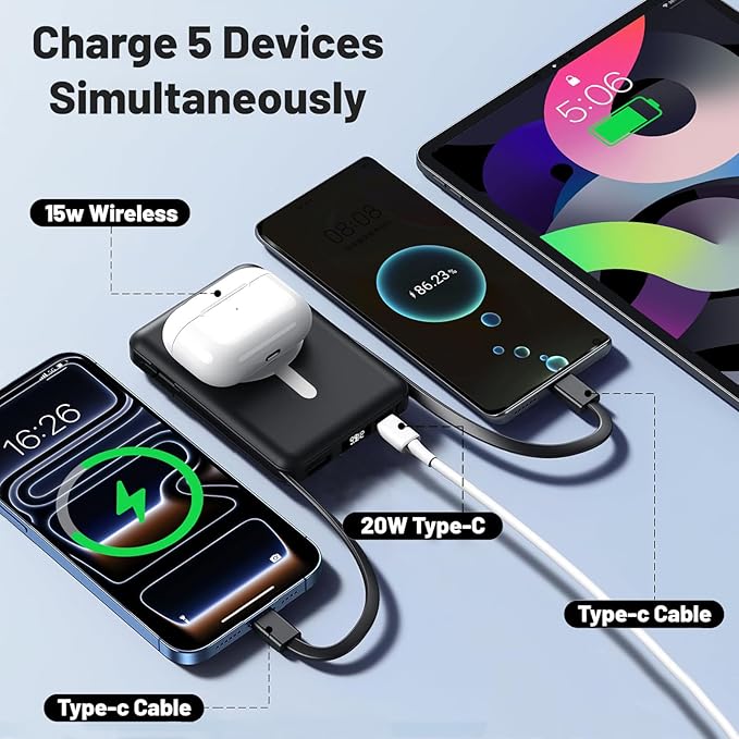 Azmuth for MagSafe Portable Charger, 10000mAh Magnetic Power Bank with 20W PD USB-C Fast Charging LED Display for MagSafe Battery Pack, Magnetic Travel Charger for iPhone 17/16/15/14/13/12 Series