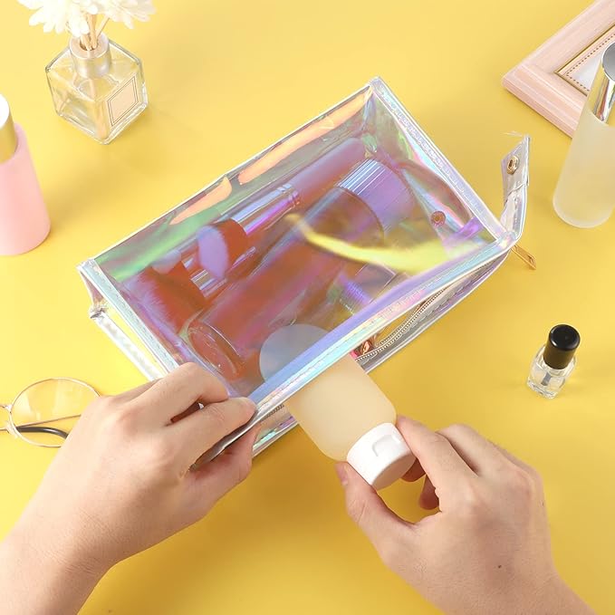 BESARME 10 Pcs Holographic Makeup Bags, Clear PVC Makeup Bag Iridescent Pouch Portable Zippered Toiletry Bag Waterproof Cosmetic Bags Bathroom Vacation Party Favors