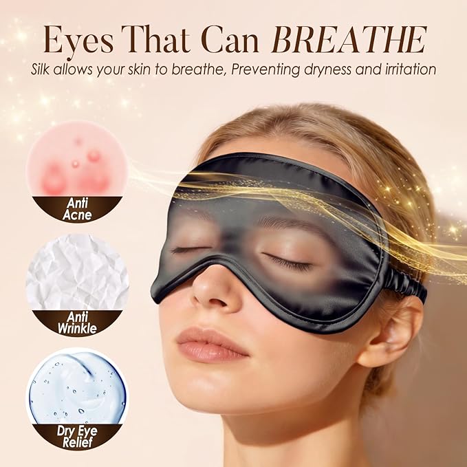 LULUSILK Mulberry Silk Sleep Eye Mask Blindfold with Elastic Strap Headband, Soft Eye Cover Eyeshade for Night Sleeping, Travel, Nap(Black), Pack of 1