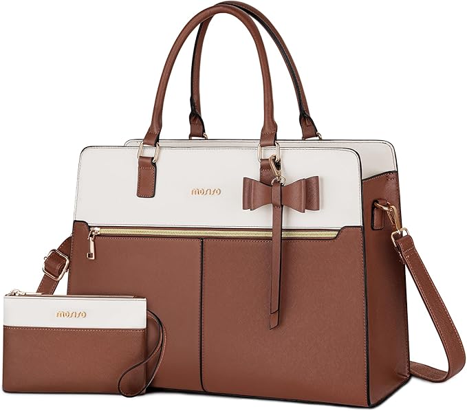 MOSISO Laptop Tote Bag for Women, 15.6 inch Waterproof PU Leather Work Bag with Clutch Purse & Bowknot, Large Capacity Handbag Shoulder Computer Bags Work Briefcase for Business Teacher Office, Brown