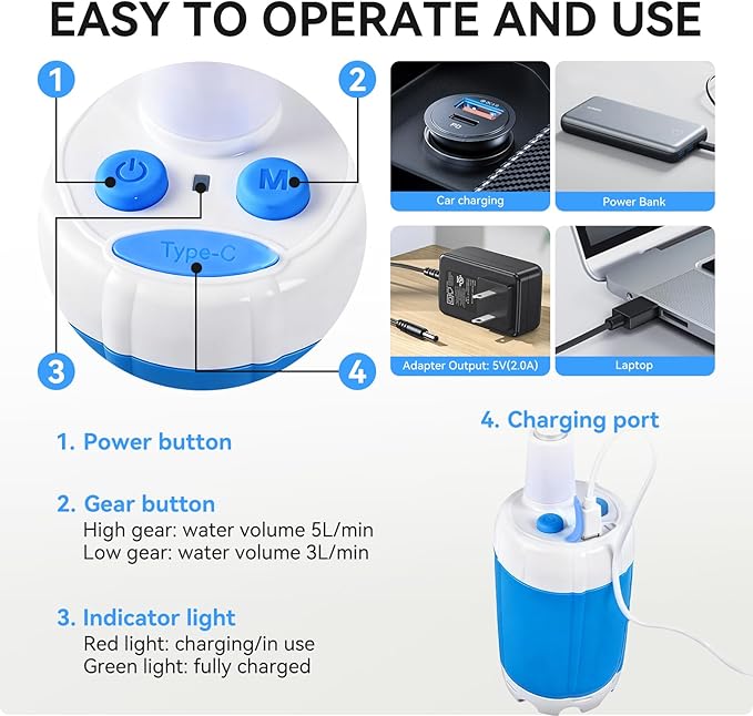 Portable Shower, Portable Camping Shower Pump, USB Rechargeable Outdoor Showers, Waterproof Electric Portable Shower with 2 Spray Modes, 4000mah, For Camping, Hiking, Rv & Pet Cleaning (1 PACK)