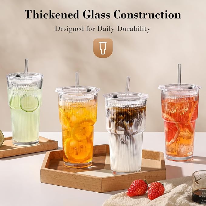 GOSCHE 20oz Glass Cups with Lids and Straws, Reusable Iced Coffee Cups, Thickened Glass Tumbler Set Ideal for Juices, Smoothies, Cocktails, and Beverage, Clear, 6 Pack
