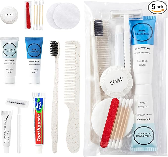 5 Kits Travel Toiletry Kit Bulk, 9-in-1 Disposable Personal Hygiene Kit, Basic Toiletry Kits for Men Women, Homeless Care Supplies Charity Kit for Guest, Hotel, Camping, Travel, Donation