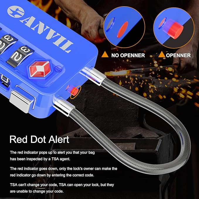 ANVIL TSA Locks for Luggage with Search Alert: Durable Cable Combination Locks, TSA Approved - Secure Travel Locks for Suitcases, Backpacks & Gun Cases (2, Blue)