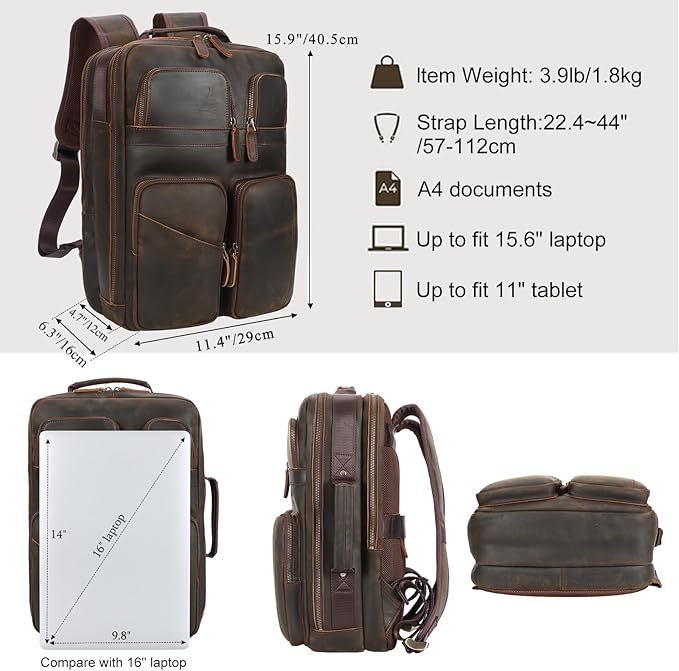 TIDING Full Grain Leather 15.6" Laptop Backpack for Men Multi Pockets Casual Daypack Business Travel Rucksack