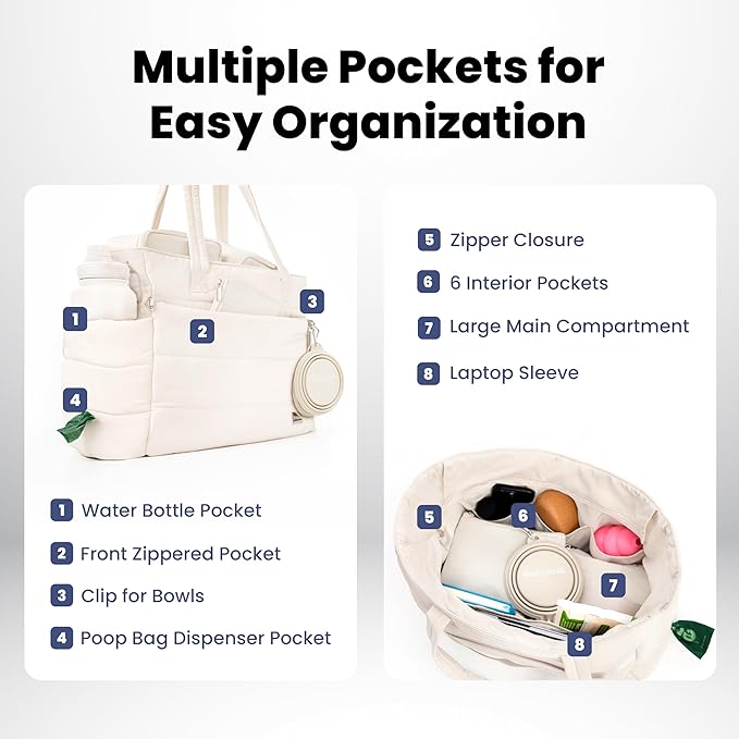 rubyloo Puffer Dog Travel Bag for Dog Moms – Doggy Diaper Bag with Pet Bowls & Food Storage or Everyday Puffy Tote – Doggy Mom Gifts for Women – Lightweight, Travel-Ready Gift for Pet Lovers – Beige