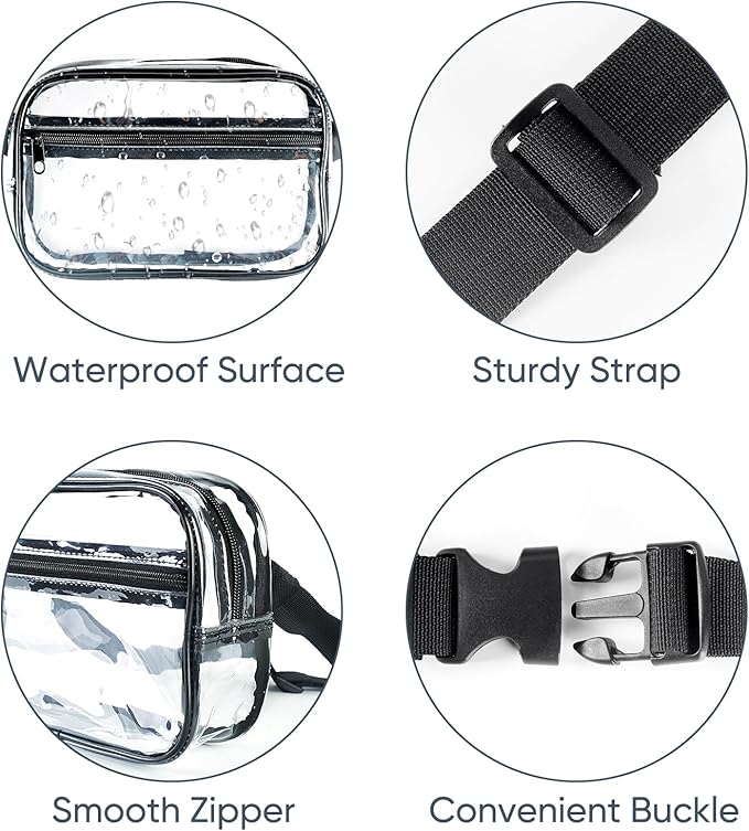 Clear Fanny Pack for Stadium Events - Clear Bag for Women Men | Lightweight Waist Pack for Concerts, Sports Games Day & Travel Stadium Approved Transparent Bag (Black)