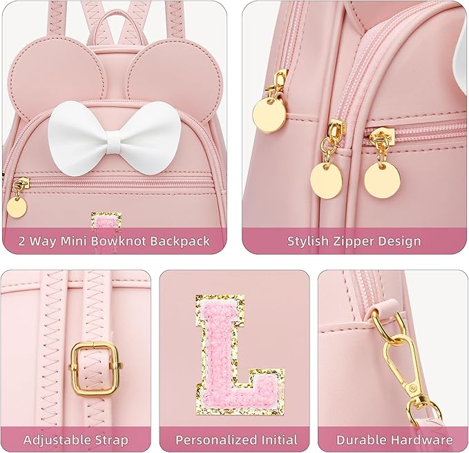 KKXIU Girls Initial Bowknot Cute Mini Backpack for Toddler, Travel Small Girl Backpacks, Personalized Birthday Gifts for Little Girls and Kids(L, Pink)