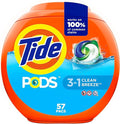 Tide PODS laundry detergent pacs, 3-in-1 Stain Remover, Odor Fighter, Color Protector, 57 Count, HE compatible, Clean Breeze Scent