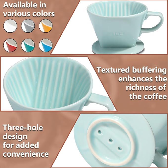 Pour Over Ceramic - Coffee Dripper Ceramic Coffee Maker with 3 Holes Flat Bottom, Porcelain Slow Filter Cone for Travel, Camping, Office, Home, Coffee Maker Brew, Green