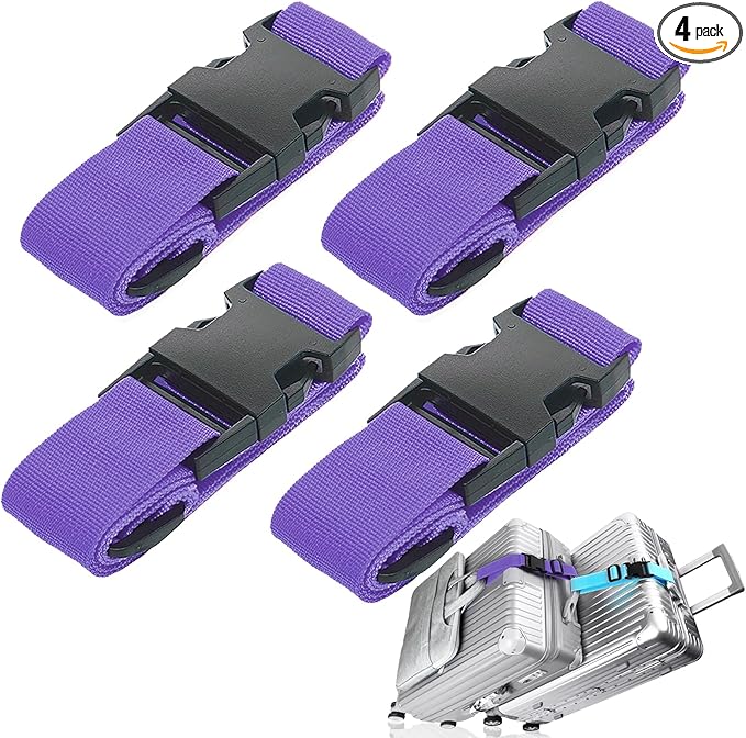4Pack Luggage Straps for Suitcases, Travel Connector for Carry On Bag, Add Bag to Connect Two Suitcases, Adjustable Belt Attachment Accessories for Connect Your 3 Luggages, Purple