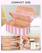 Relavel Travel Makeup Bag, Small Floral Cosmetic Bag with Makeup Brush Compartment, Portable Makeup Pouch for Women, Double Layer Makeup Organizer Bag Cute Toiletry Bag, Wide Strip