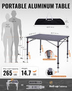 KingCamp Folding Camping Table Foldable Loads 265 Lbs, 42.1"× 27.6" Portable Table 3 Adjustable Height Aluminum Roll Up Camp Table with Carry Bag for Camping Picnic BBQ Backyard, Indoor & Outdoor