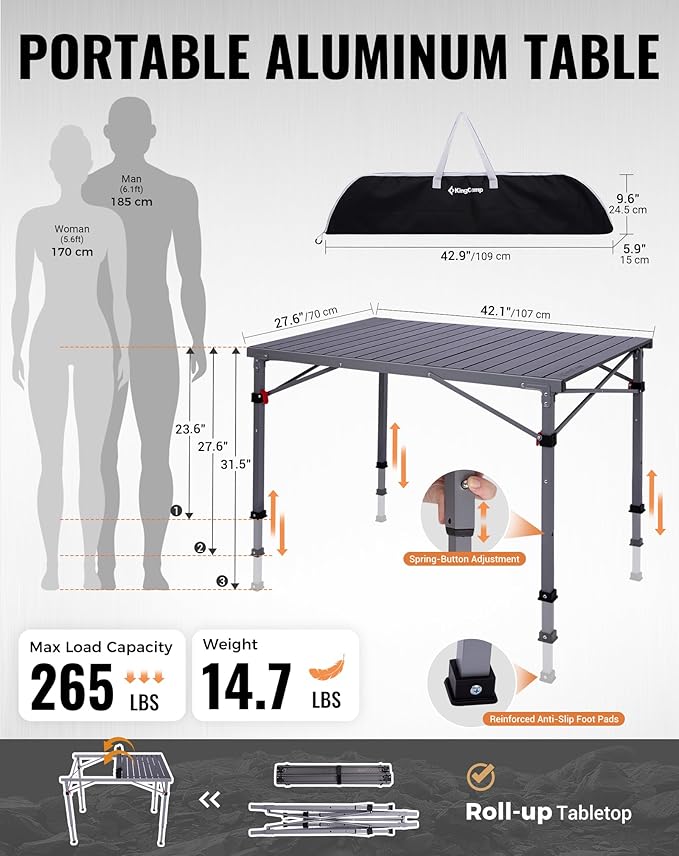 KingCamp Folding Camping Table Foldable Loads 265 Lbs, 42.1"× 27.6" Portable Table 3 Adjustable Height Aluminum Roll Up Camp Table with Carry Bag for Camping Picnic BBQ Backyard, Indoor & Outdoor