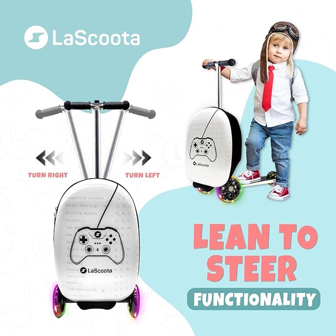 Lascoota Foldable Ride-On Suitcase - Lightweight Luggage with Easy-Glide Wheels - LED Lights for Kid Suitcase - Foldable Luggage Converts to Ride-On - Video Game, Unisex Child, 12.75 x 20.6 x 10.6 in