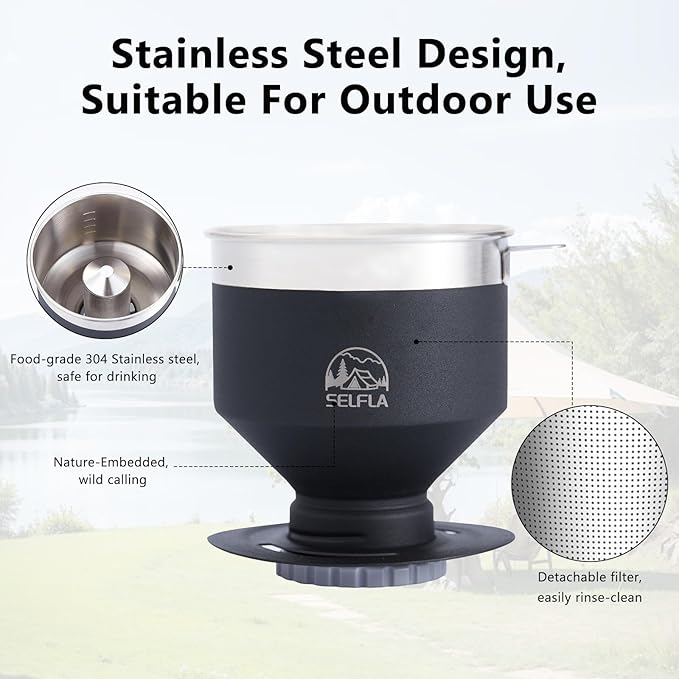 Stainless Steel Pour Over Coffee Filter, Reusable Dripper for Insulated Mugs, Paperless Coffee Maker for Hiking, Camping & Outdoor Adventures, Rinse-clean & Portable - Black