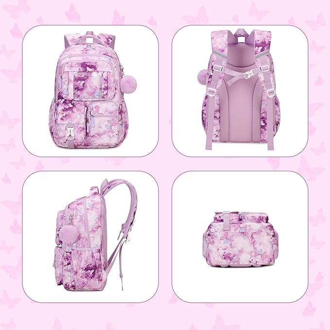 PIG PIG GIRL Kids Backpack for Girls School Bags for Middle School Students Book Bag for Elementary Primary Kawaii Ita Backpack, Purple Butterfly