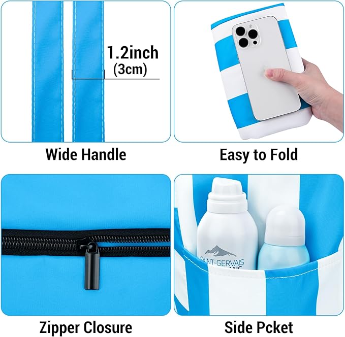 Iioscre Beach Bag for Women, Causal Hobo Pool Bags with Zipper Inner Pocket, Foldable Swim Tote Bag for Vacation Essentials