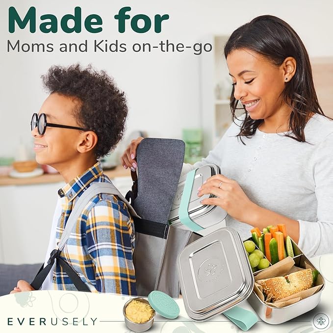 Everusely - Bento Box - Green, 27oz / 0.8 L - Stainless Steel Lunch Box with Leakproof Condiment Container - 3 Compartment Snack Organizer for On the Go Meals - Freezer & Dishwasher Safe
