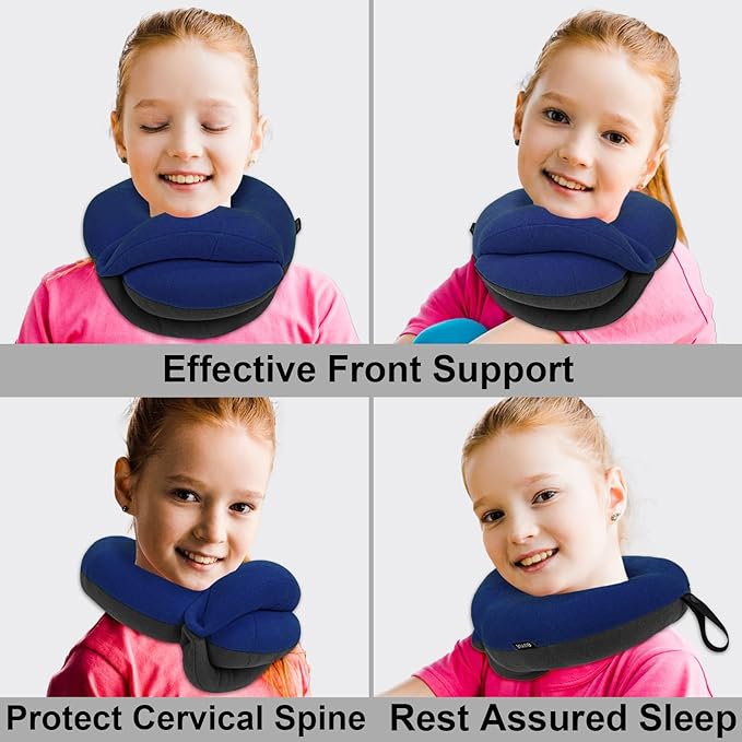 BUYUE Kids Travel Pillows for Airplane, Memory Foam 360° Head Support Sleeping Essentials for Boys Long Flight, Skin-Friendly Soft Neck Pillow for Traveling in Car Seat, (Small, Blue Grey, 40-90 lbs)