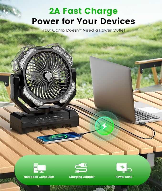 Camping Misting Fan - Portable Rechargeable Fan with 8.9oz Tank, Light, Hook - Battery Power 120H MAX Working, Fast Cooling, 4 Speed, Timer, Sleep Mode, for Outdoor, Travel, Patios, Beach