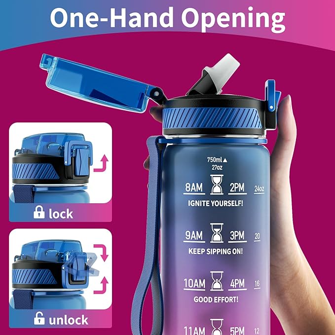 QLUR Water Bottle with Straw, 27oz Motivational Water Bottles with Time Marker to Drink, Tritan BPA Free, 750ml Sports Water Bottle with Carry Strap LeakProof for School Fitness Outdoor (1Pack)