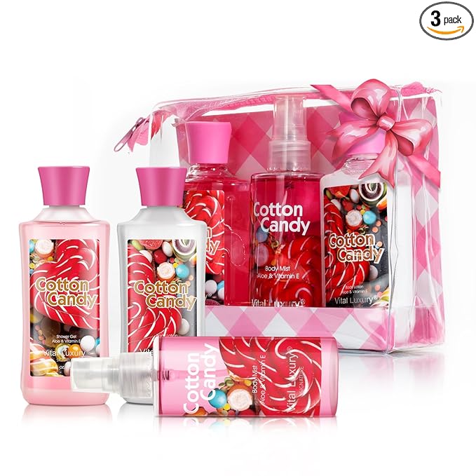 Bath and Body Travel Gift Set, 3pcs Travel Size Shower Gel Body Lotion Fragrance Mist Christmas Birthday Gift TSA-Friendly for On-the-Go Self-Care (3PCS, Cotton Candy)