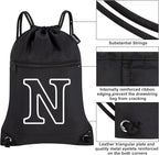 HOLYLUCK Drawstring Bags Initial Backpack Sackpack Cinch Bags for Sports, Gym, Travel, Beach (Black-N)