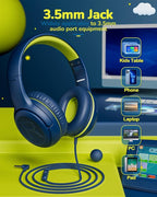 awatrue Kids Headphones for School Travel, 85/94dB Safe Volume Limit, 3.5mm Jack, HD Mic, Portable Wired Headphone with Shareport, Stereo Sound On-Ear Headphones for Toddler Kids Girls Boys Bluegreen