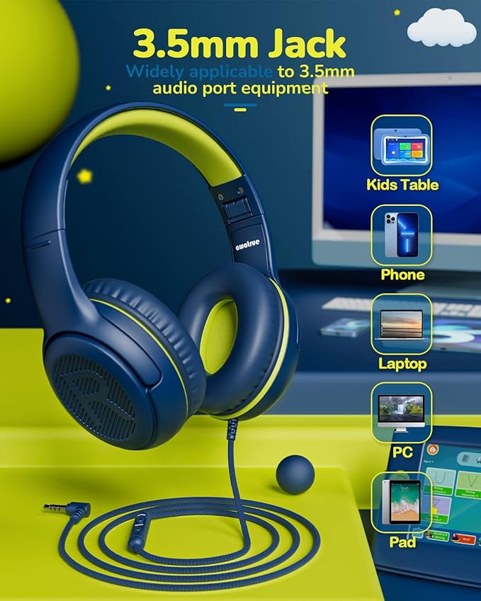 awatrue Kids Headphones for School Travel, 85/94dB Safe Volume Limit, 3.5mm Jack, HD Mic, Portable Wired Headphone with Shareport, Stereo Sound On-Ear Headphones for Toddler Kids Girls Boys Bluegreen