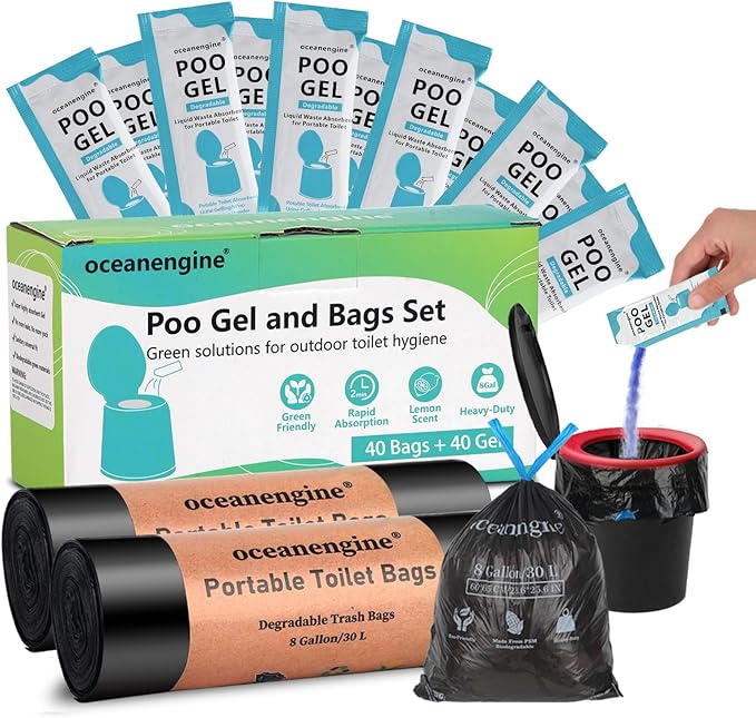 oceanengine Portable Toilet Bags Poo Gel Set, 8 Gallon Camping Toilet Bags with Portable Toilet Absorbent Gel, Compostable Portable Potty Bags for Camping Outdoor Hiking
