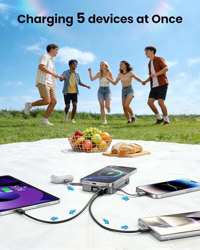 Magnetic Portable Charger, Power Bank Fast Charging 22.5W 10000mAh, Portable Charger with Built in Cable, for Magsafe Battery Pack Compatible with iPhone 17/16/15/14/13/12 Pro/Pro Max, Samsung Grey