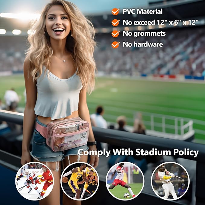 Packism Clear Fanny Pack Stadium Approved - Plus Size 35-51 inches Adjustable Strap Clear Belt Bag for Women Men Transparent Waist Bag for Concerts, Sporting Events, Pink