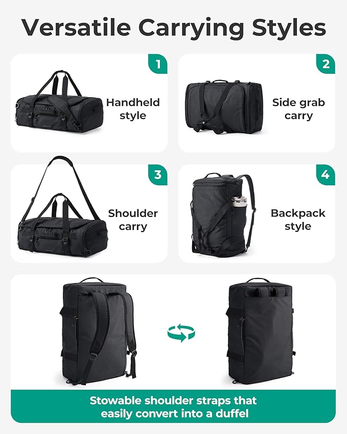 BAGSMART 4-IN-1 Duffle Bag for Travel, 40L Travel Bag Gym Duffle, TSA Carry on Backpack with Shoes Compartment & Wet Pocket, Water-resistant Workout Duffel, Forest Green