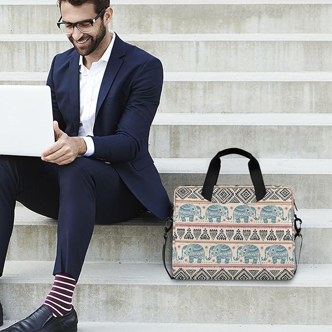 Boho Laptop Bag 15.6 inch, Large-Capacity Laptop Case with Strap, Bohemian Ethnic Elephant