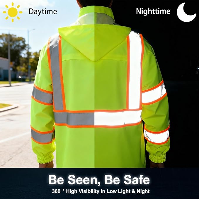 High Vis Reflective Safety Rain Jacket for Men, Class 3 Hi Vis Rain Gear for Construction Workers (Yellow,4XL/5XL)