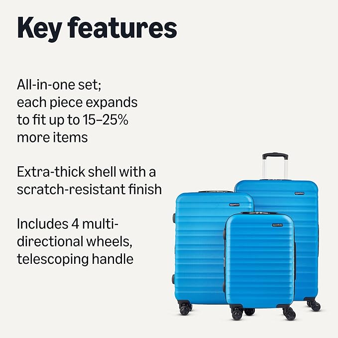 Amazon Basics 3-Piece Hardside Expandable Travel Luggage Set (21", 26", 30"), Scratch-Resistant Suitcases with Multi-directional Wheels, Carry-on and Checked Bags, Light Blue