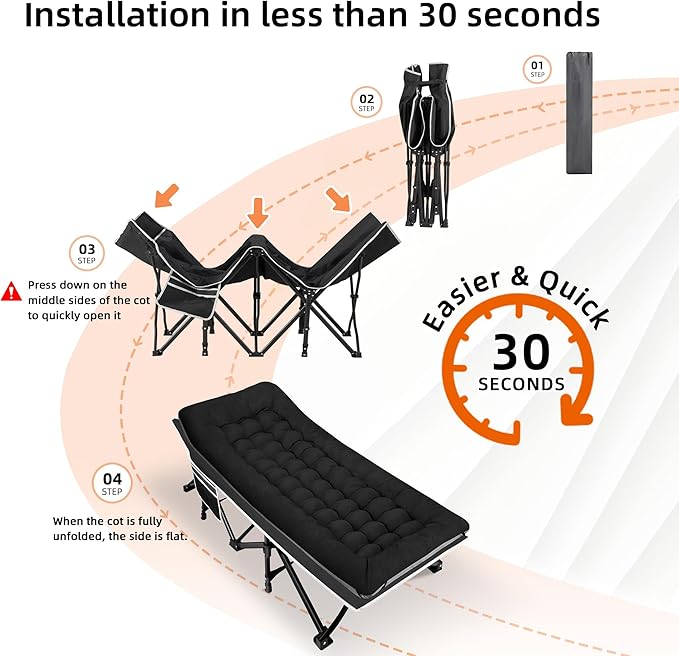 Fragess Portable Camping Cot, Sleeping Cots for Adults, 28" Extra Wide Heavy Duty Folding Cot Max Load 600LBS with Thick Mattress, Portable Camping Bed for Outdoor Camp/Office, Home Nap (Black)