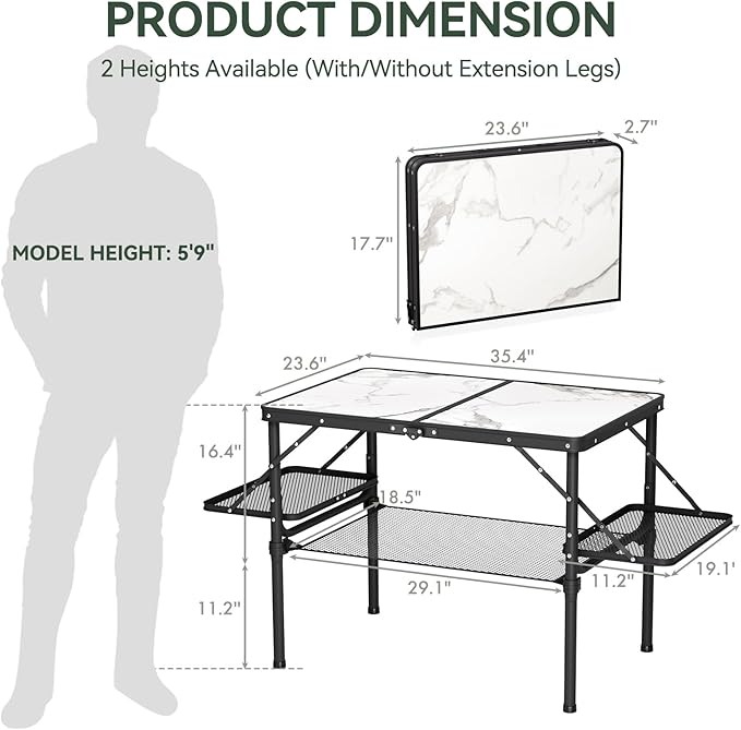 Titanker Folding Camping Table 3ft, Folding Picnic Table, Large Camp Table Portable with Extra Side Racks & Storage Net, Outdoor Patio Table, RV/Car Camping Essentials, Aluminum Light & Solid